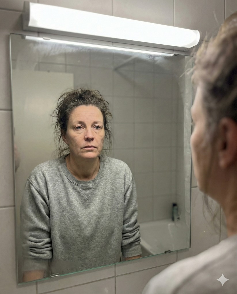 Mujer mirándose al espejo preocupada